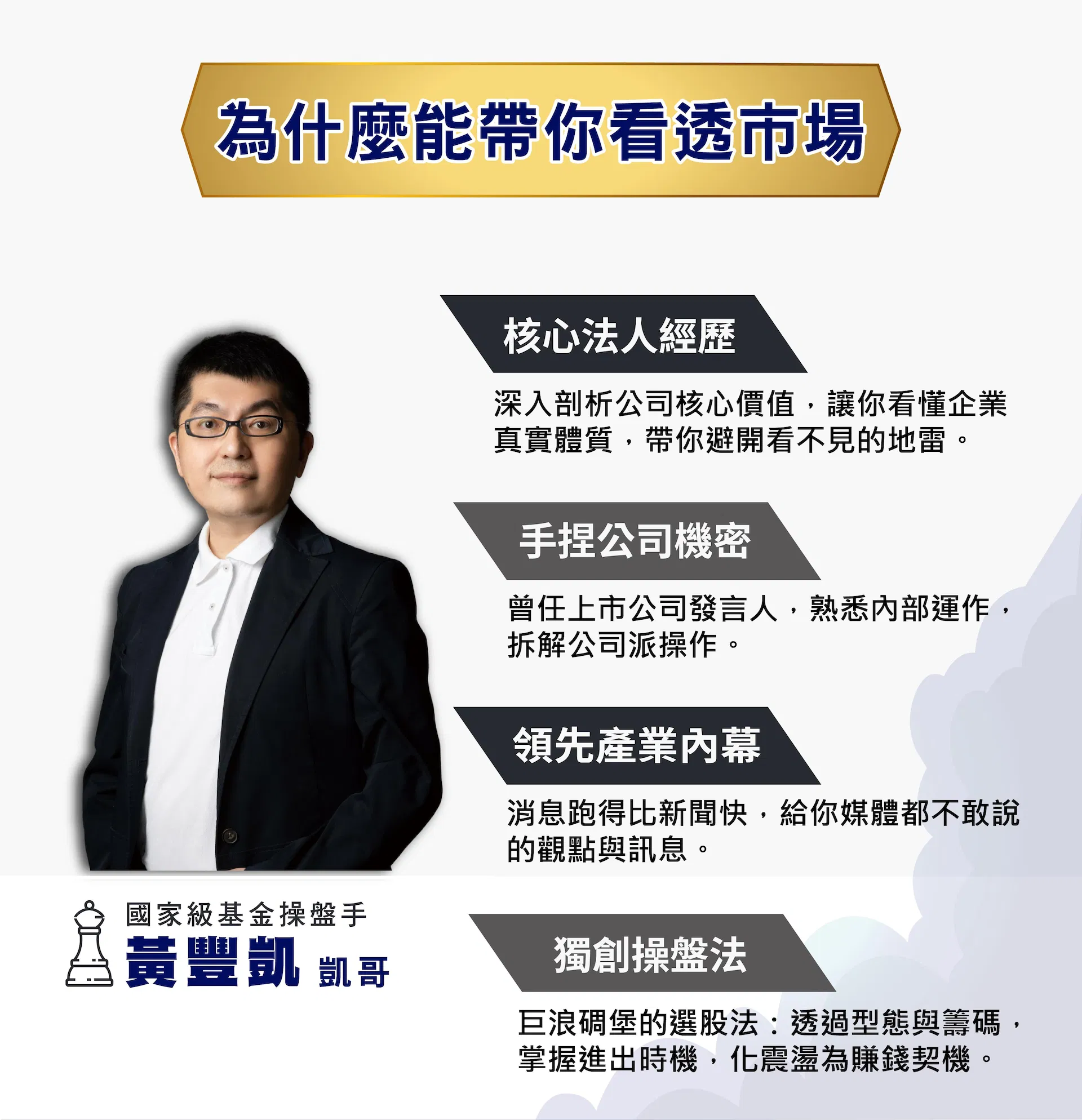 黃豐凱凱哥老師的四大專業優勢:核心法人經歷、上市公司發言人經驗、產業內幕訊息、獨創巨浪碩堡操盤法