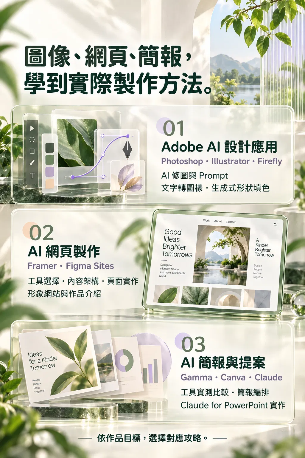 圖像、網頁、簡報，學到實際製作方法。——01 Adobe AI 設計應用；Photoshop・Illustrator・Firefly；AI 修圖與 Prompt；文字轉圖樣・生成式形狀填色；02 AI 網頁製作；Framer・Figma Sites；工具選擇・內容架構・頁面實作；形象網站與作品介紹；03 AI 簡報與提案；Gamma・Canva・Claude；工具實測比較・簡報編排；Claude for PowerPoint 實作；依作品目標，選擇對應攻略
