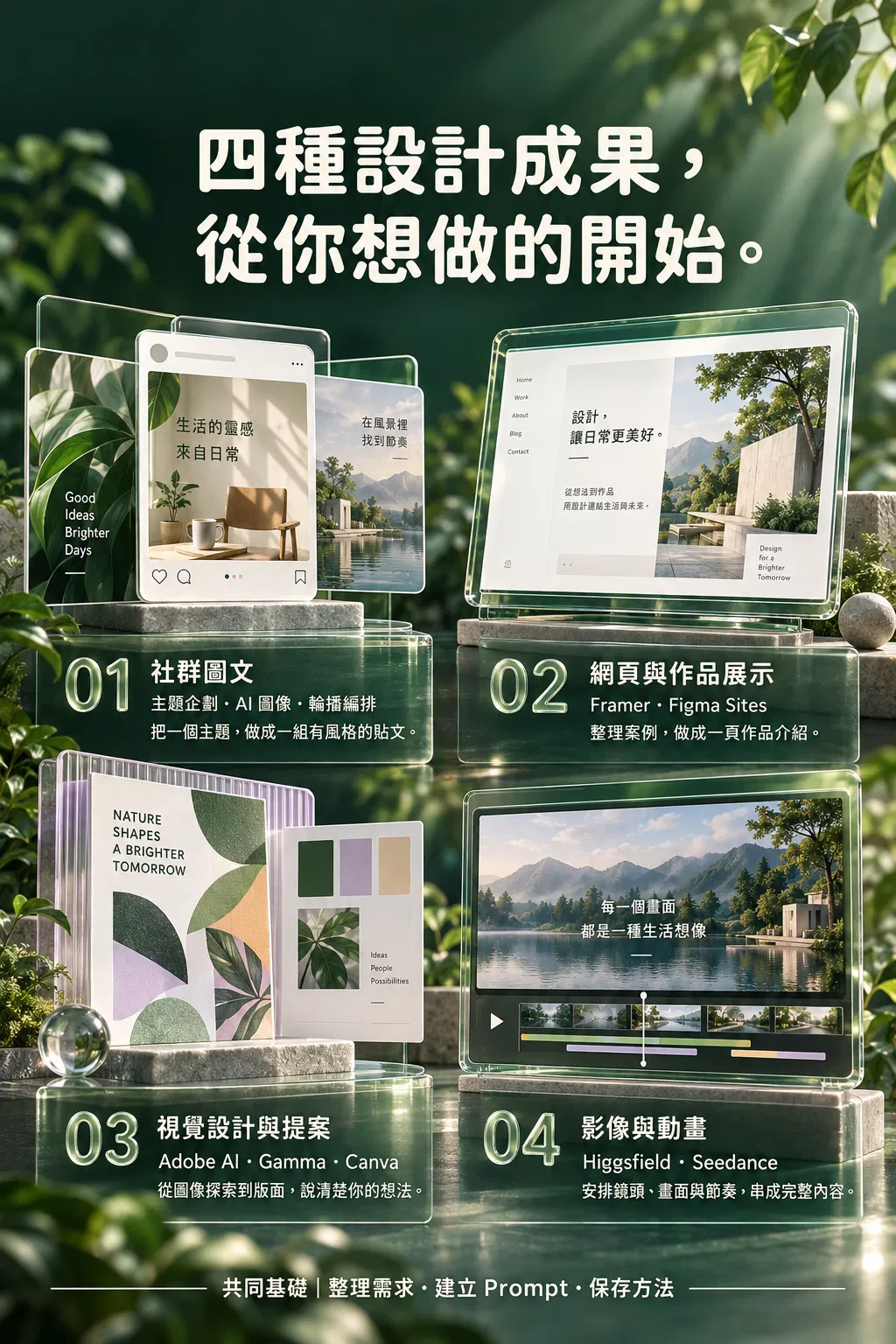 四種設計成果，從你想做的開始。——01 社群圖文；主題企劃・AI 圖像・輪播編排；把一個主題，做成一組有風格的貼文；02 網頁與作品展示；Framer・Figma Sites；整理案例，做成一頁作品介紹；03 視覺設計與提案；Adobe AI・Gamma・Canva；從圖像探索到版面，說清楚你的想法；04 影像與動畫；Higgsfield・Seedance；安排鏡頭、畫面與節奏，串成完整內容；共同基礎｜整理需求・建立 Prompt・保存方法