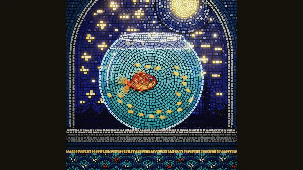 馬賽克動畫畫面：磁磚拼成的金魚缸，夜空裡的星星和缸中金色的光點