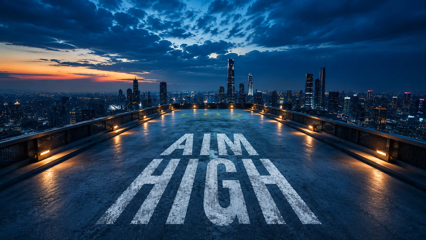 路面透視效果應用:夜景大樓屋頂平台上的 AIM HIGH 文字,遠方是城市天際線