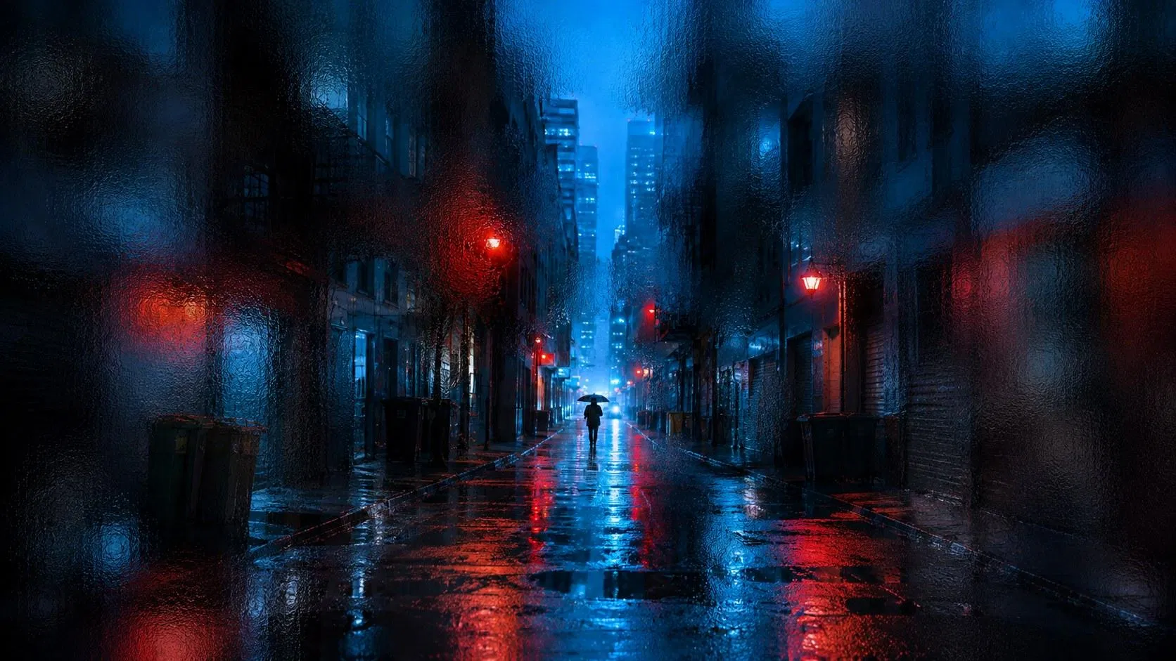 Photoshop 水霧玻璃效果範例:雨中小巷撐傘行人,紅色燈光從兩側滲進霧面