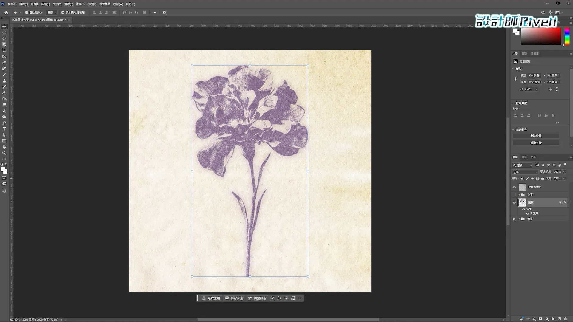 Photoshop 圖案圖層填滿75%且不透明度100%，花卉融入紙紋