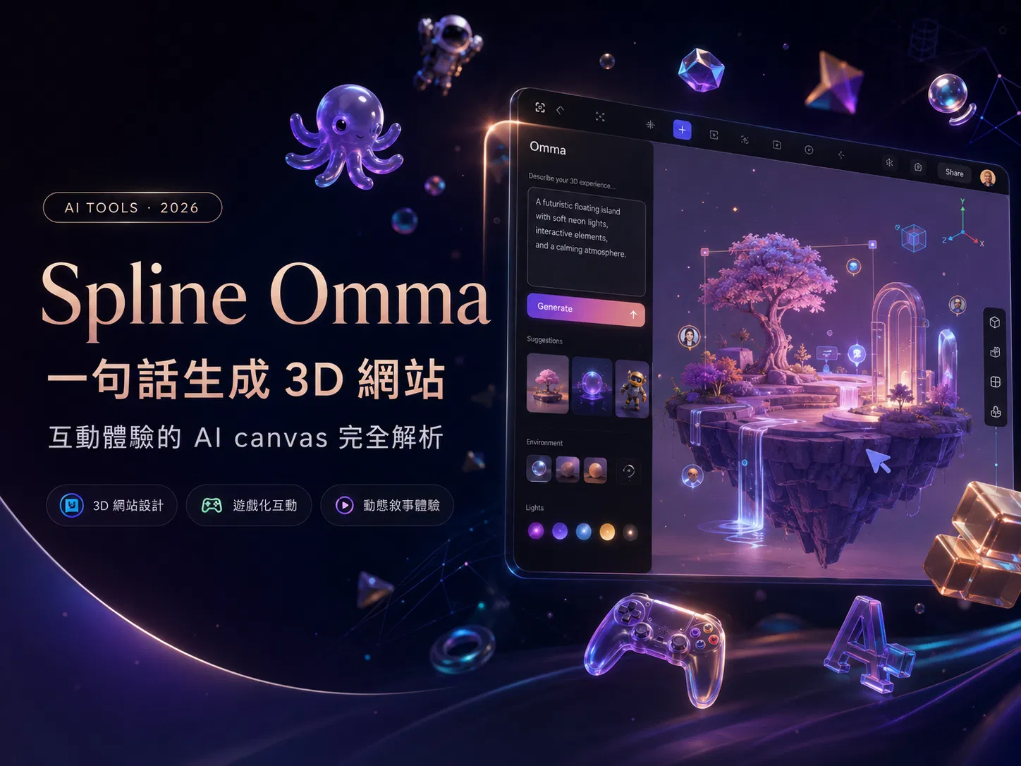 Spline Omma 主視覺:一句話生成 3D 網站與互動體驗的 AI canvas,紫色玻璃質感風格,右側是 Omma 編輯器介面與漂浮島 3D 場景