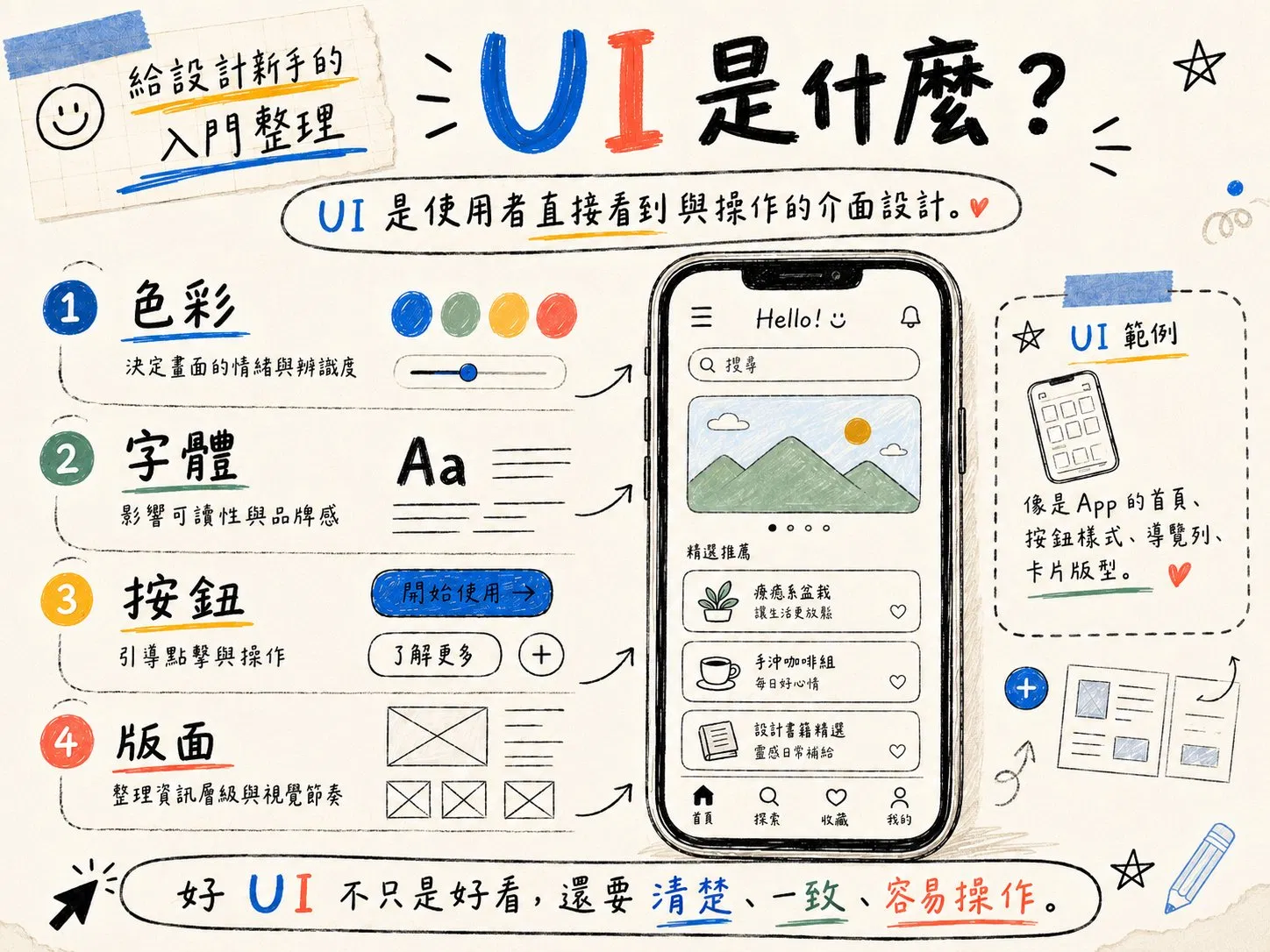 UI 是什麼?UI 是使用者直接看到與操作的介面設計,四個核心面向:色彩決定畫面的情緒與辨識度、字體影響可讀性與品牌感、按鈕引導點擊與操作、版面整理資訊層級與視覺節奏