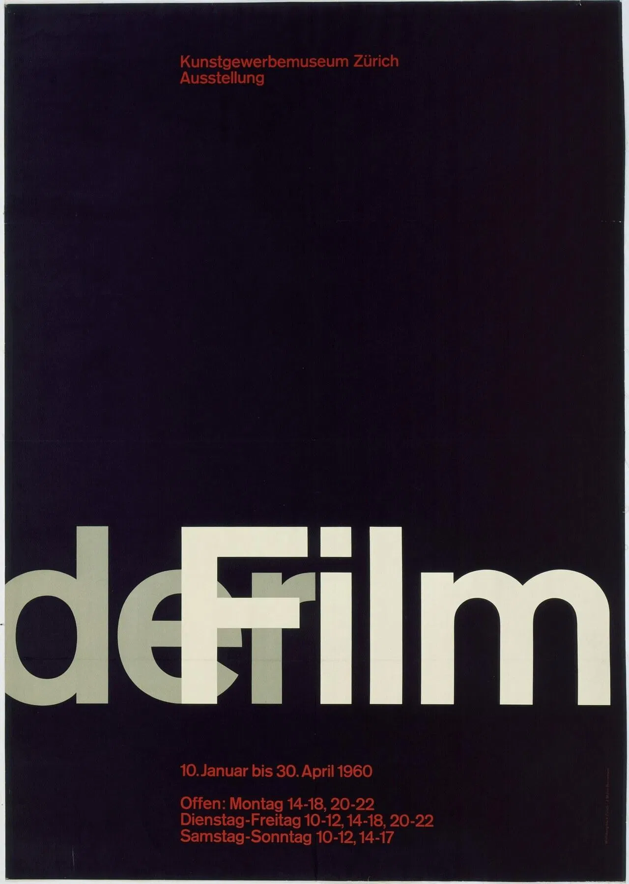 Josef Müller-Brockmann 1960 年為蘇黎世工藝美術館展覽設計的 Der Film 海報：深色底，左下角巨大的白色 der 與 Film 字樣互相重疊，上方與下方用小字排出展覽資訊