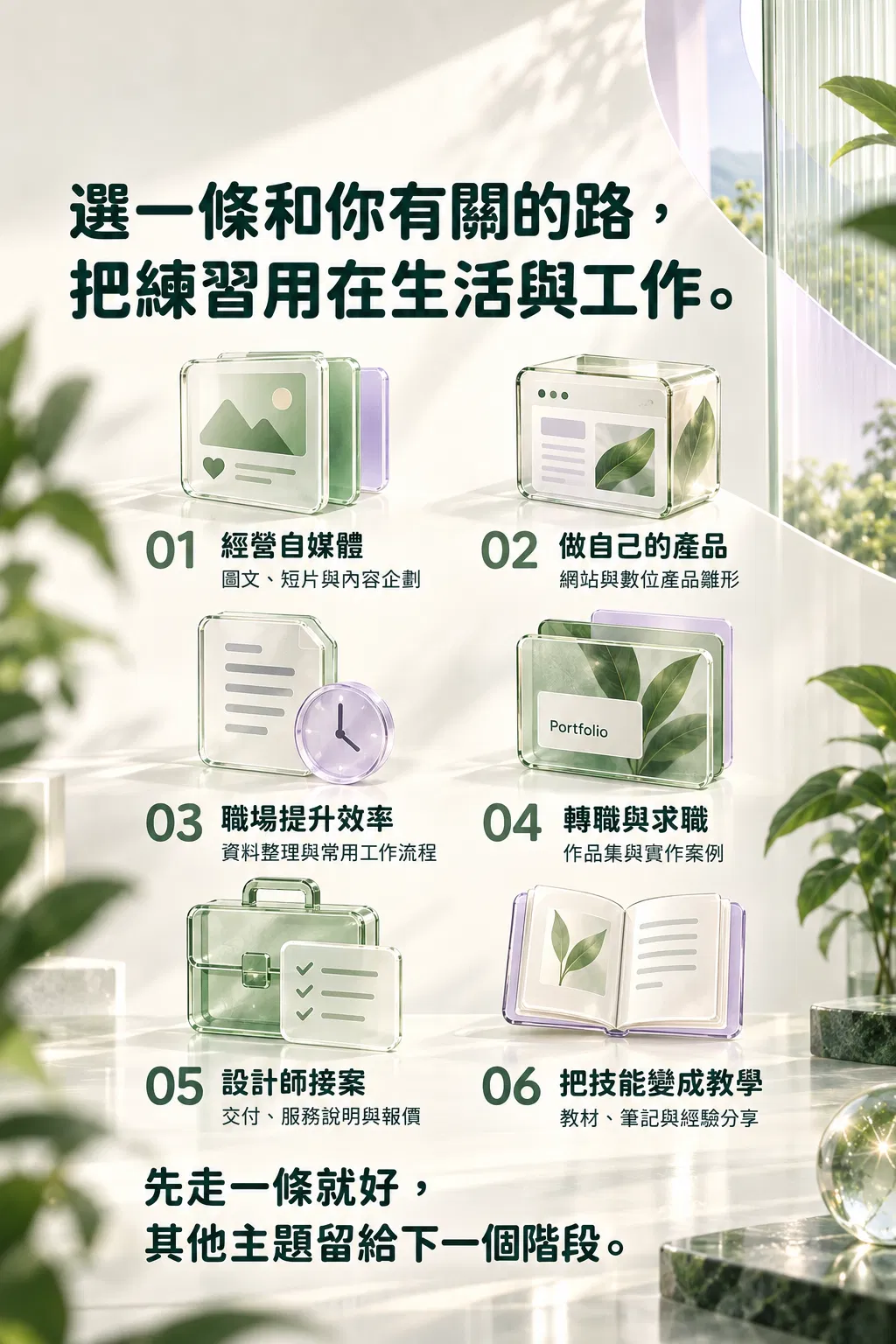 選一條和你有關的路，把練習用在生活與工作。——01 經營自媒體；圖文、短片與內容企劃；02 做自己的產品；網站與數位產品雛形；03 職場提升效率；資料整理與常用工作流程；04 轉職與求職；作品集與實作案例；05 設計師接案；交付、服務說明與報價；06 把技能變成教學；教材、筆記與經驗分享；先走一條就好，其他主題留給下一個階段