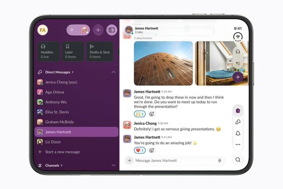 Slack 在 iPhone Duo 內螢幕，頻道列表與對話並排，控制列在右側邊緣