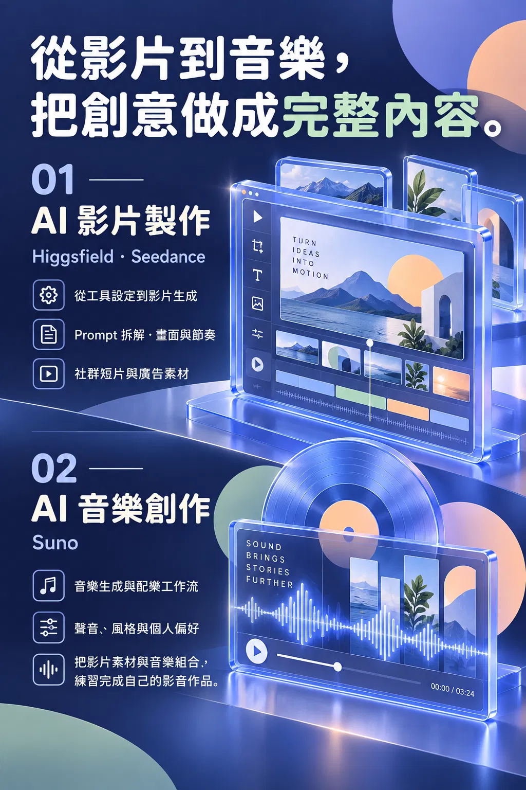 從影片到音樂，把創意做成完整內容。——01 AI 影片製作；Higgsfield・Seedance；從工具設定到影片生成；Prompt 拆解・畫面與節奏；社群短片與廣告素材；02 AI 音樂創作；Suno；音樂生成與配樂工作流；聲音、風格與個人偏好；把影片素材與音樂組合，練習完成自己的影音作品