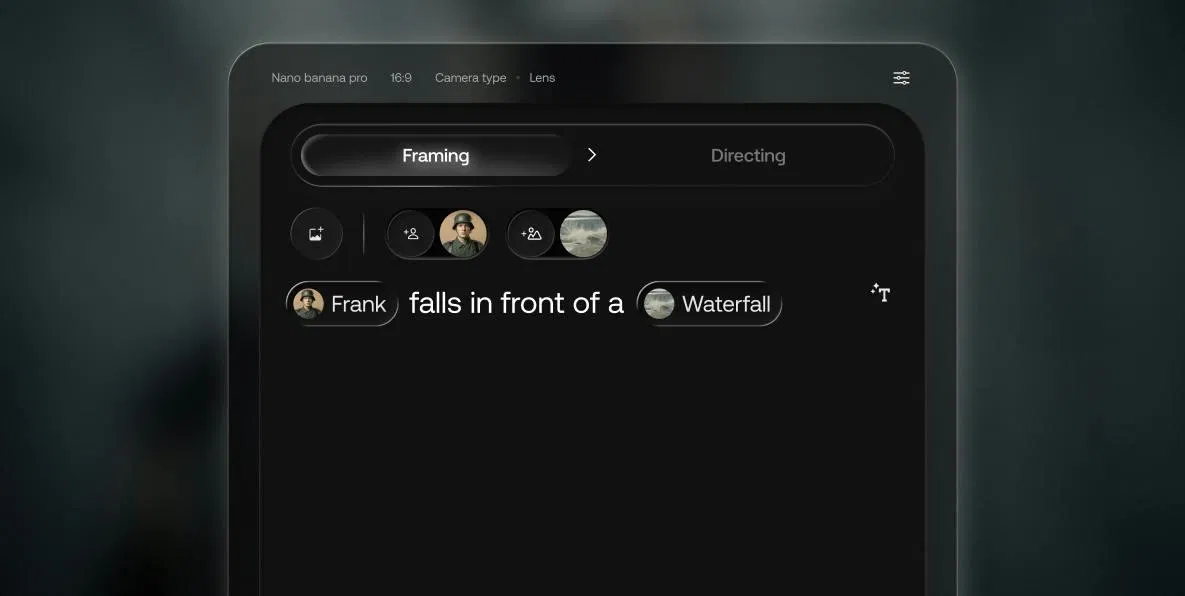 Artlist Studio 構圖階段的官方示意圖：提示詞寫著 Frank falls in front of a Waterfall，其中 Frank 與 Waterfall 是標籤