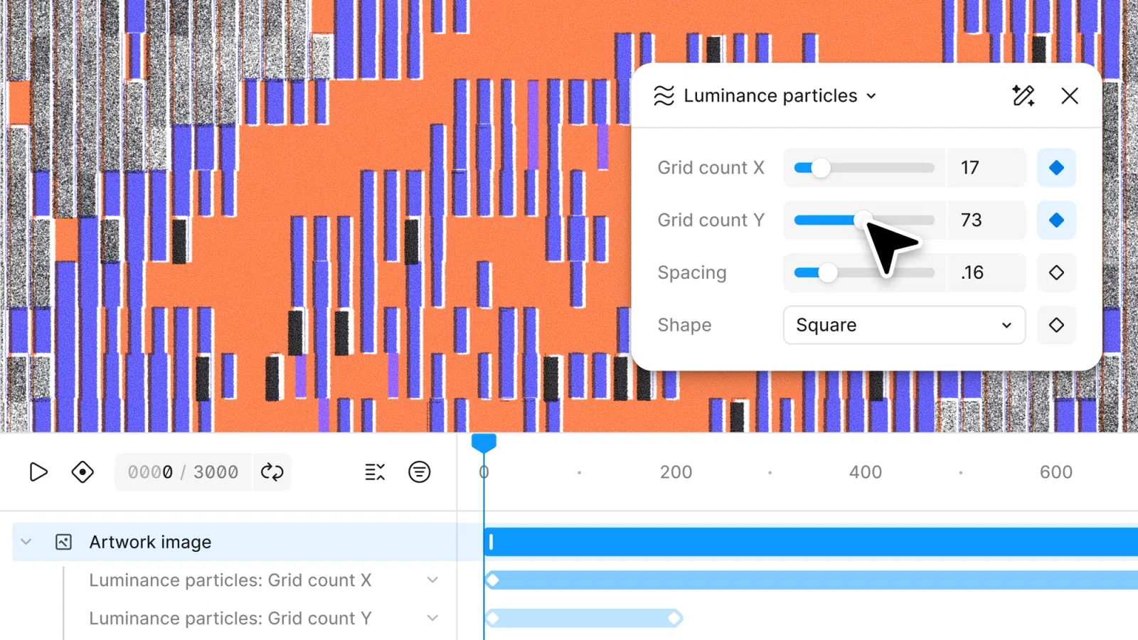 Figma Motion 時間軸編輯介面,下方為 keyframe 軌道,正在替 Luminance particles 的 Grid count 參數打關鍵影格,右側面板顯示對應數值與 keyframe 菱形