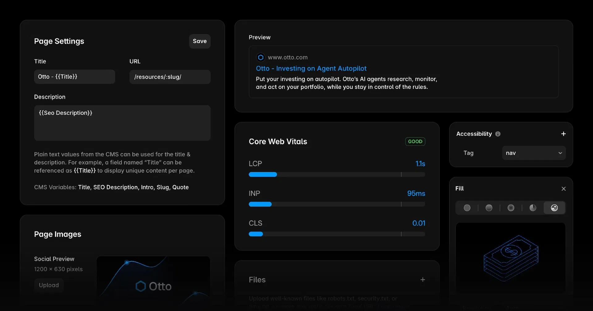 Framer 的 SEO 設定面板總覽,左側是 Page Settings 的 Title、URL、Description 欄位與 Social Preview,右側是 Google 搜尋結果預覽、Core Web Vitals 分數與 Accessibility 語意標籤設定