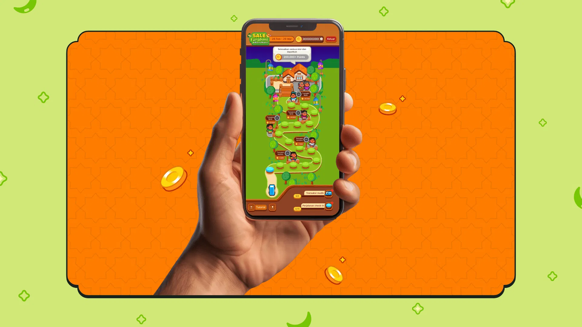 手持手機展示 Kredivo App 內的關卡地圖遊戲活動，綠色草地路徑上有任務節點與金幣獎勵