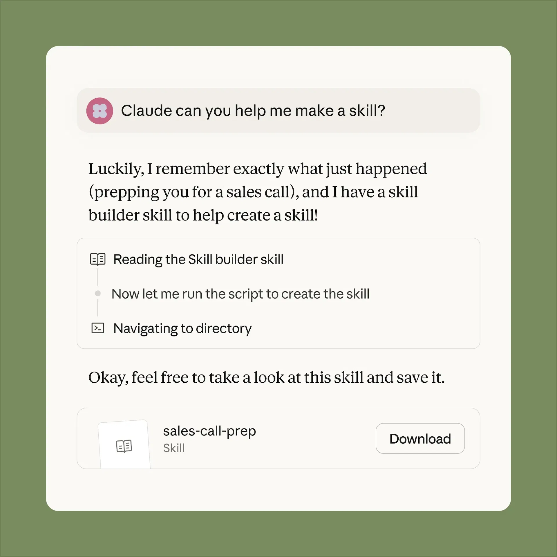 Claude 對話範例:使用者問「Claude can you help me make a skill?」,Claude 用 skill-builder skill 生成一個叫 sales-call-prep 的新 skill 並提供下載
