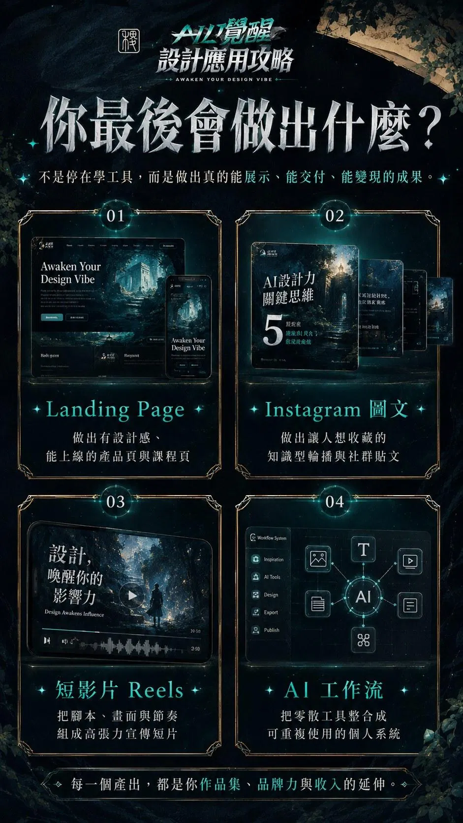 你最後會做出什麼？Landing Page、Instagram 圖文、短影片 Reels、AI 工作流——做出能展示、能交付、能變現的成果；每一個產出都是作品集、品牌力與收入的延伸