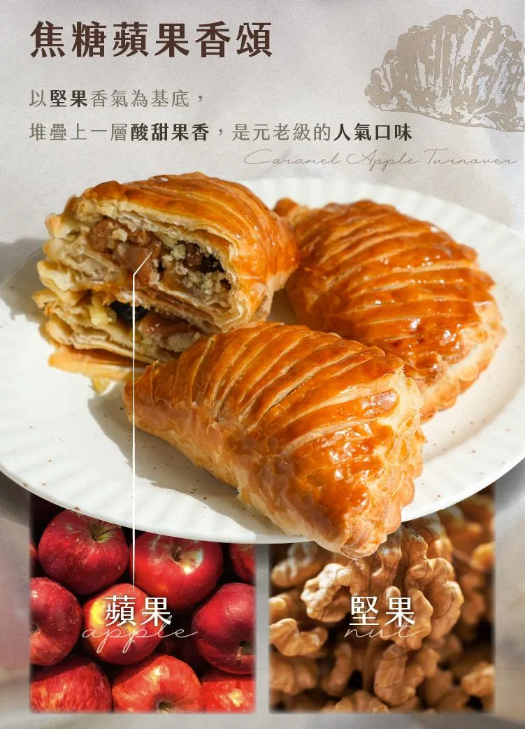 蘋果與堅果交織的焦糖可頌，酸甜果香堆疊濃郁堅果底蘊，人氣口味代表作