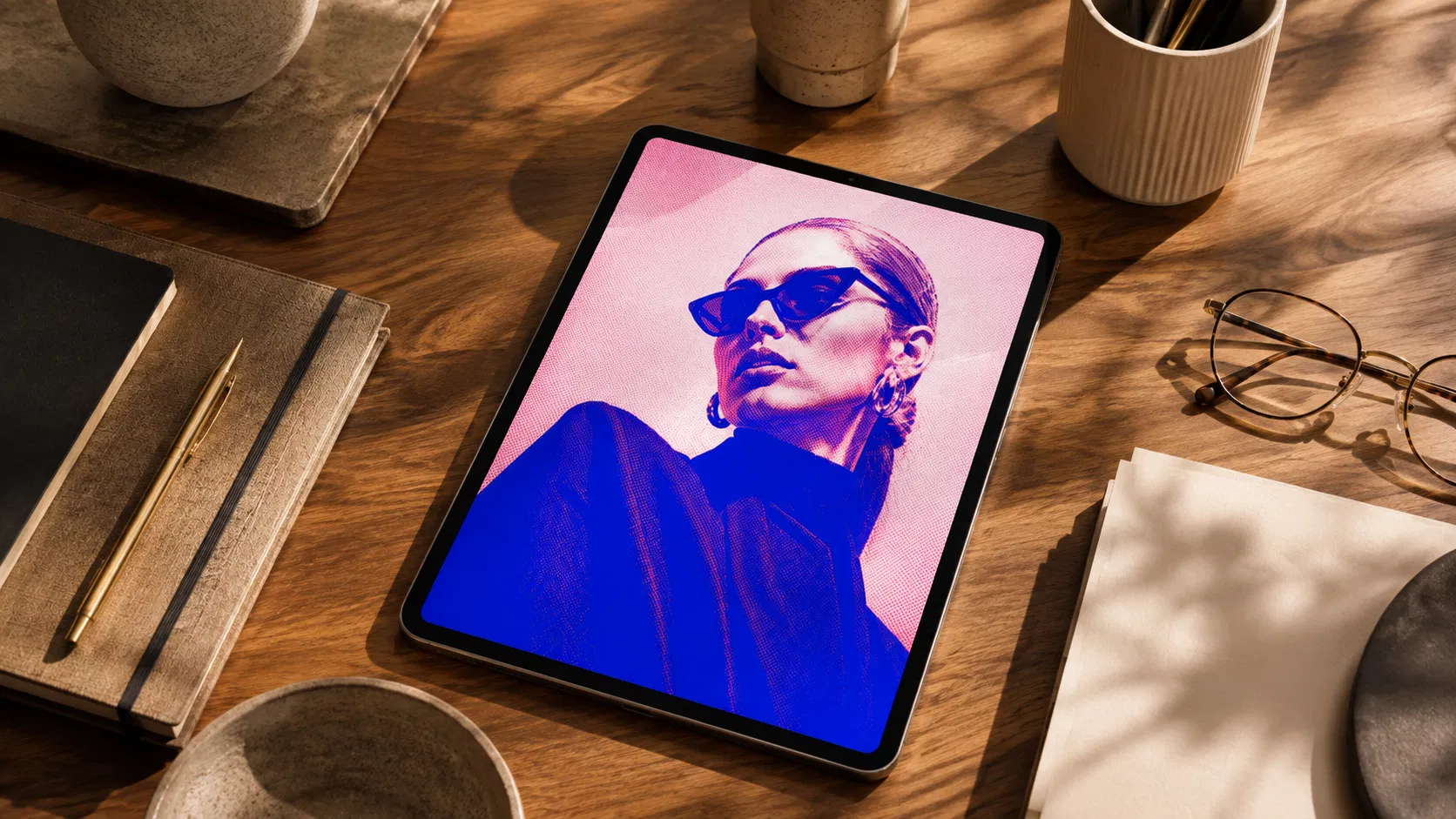 雜誌感不規則波紋效果應用:木質桌面上的平板電腦顯示藍粉雙色網點人像作品