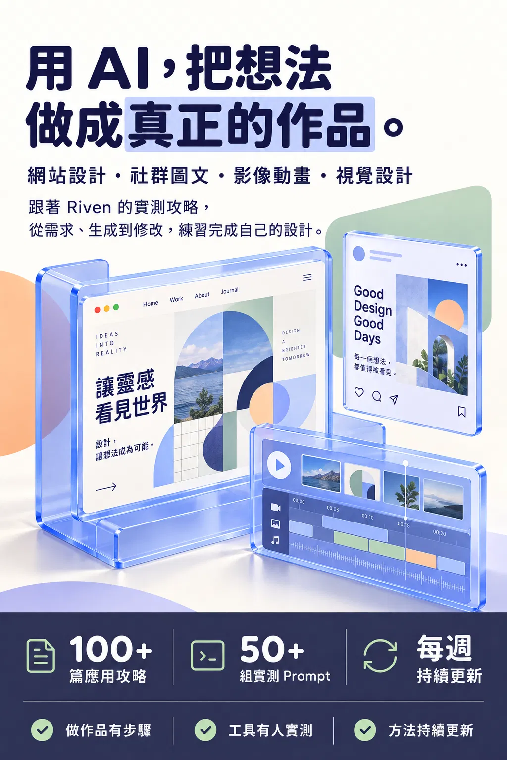 用 AI，把想法——做成真正的作品；網站設計・社群圖文・影像動畫・視覺設計；跟著 Riven 的實測攻略，從需求、生成到修改，練習完成自己的設計；100+ 篇應用攻略；50+ 組實測 Prompt；每週持續更新；做作品有步驟・工具有人實測・方法持續更新