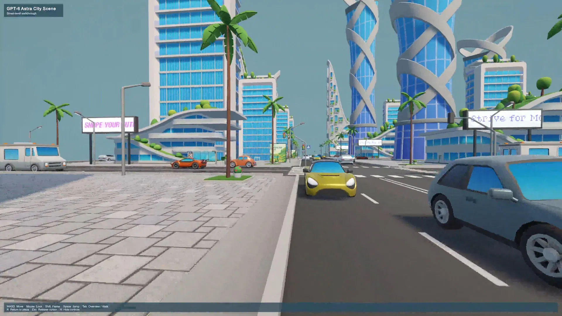 GPT-6 Astra 官方示範 City Scene：可用 WASD 行走的低多邊形風格 3D 城市街景，含車輛與棕櫚樹