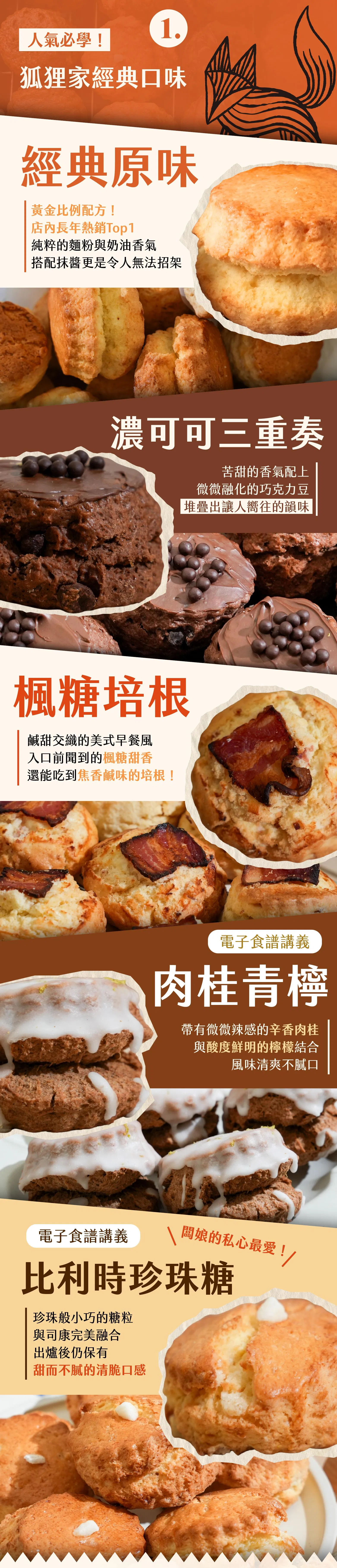 人氣必學的經典口味：經典原味、濃可可三重奏、楓糖培根、肉桂青檸、比利時珍珠糖