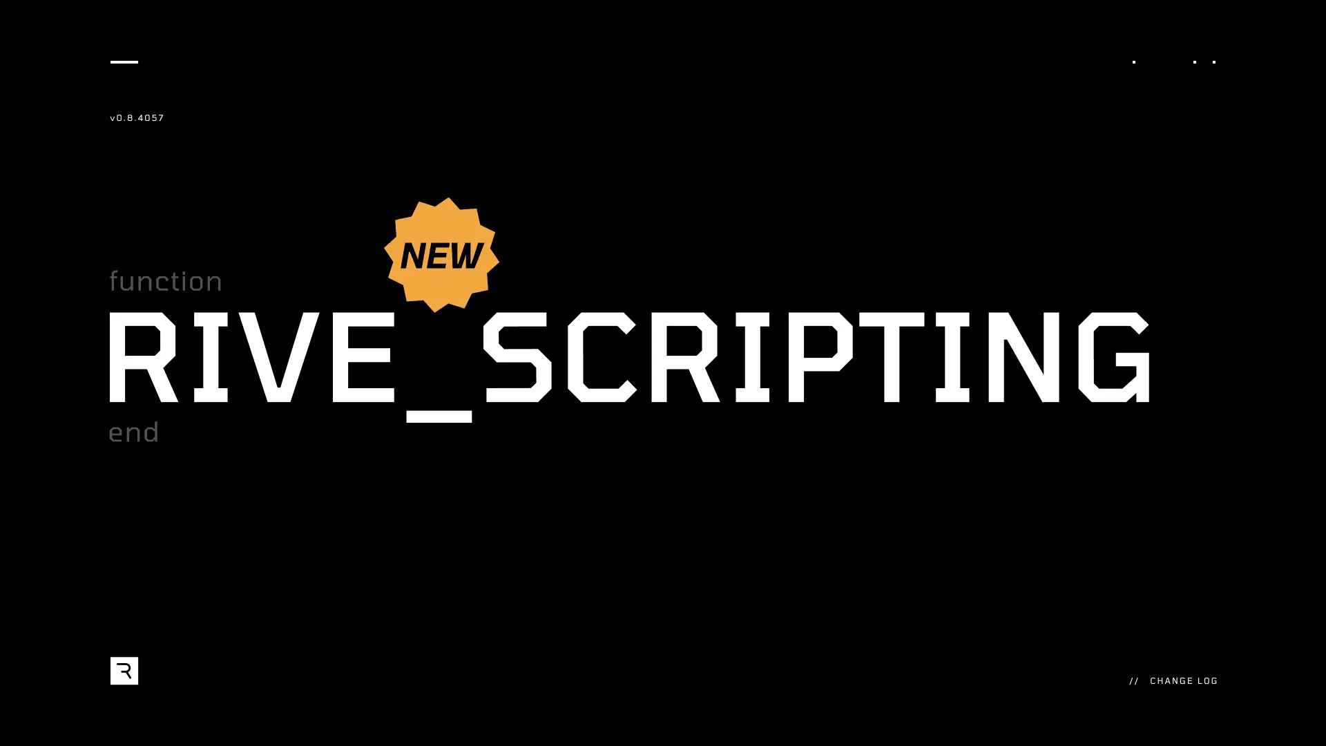Rive Scripting 官方發布主視覺，以 function 與 end 包住 RIVE_SCRIPTING 字樣，右上角標示 NEW 徽章