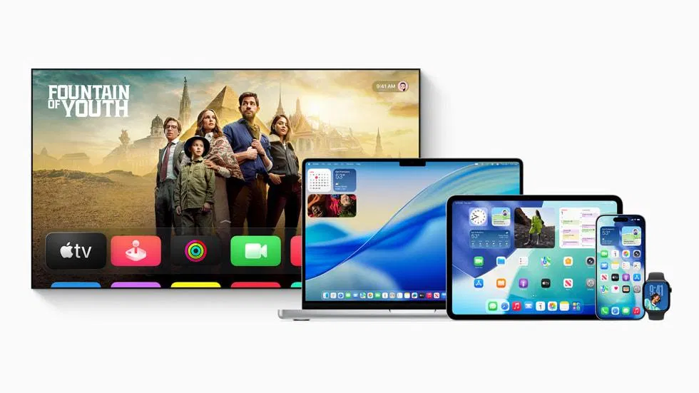 Apple Liquid Glass 設計語言橫跨全裝置：iPhone、iPad、MacBook、Apple Watch 與 Apple TV 介面採用半透明會折射光線的玻璃材質