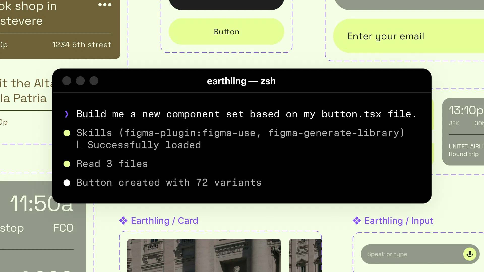 Figma Agent terminal 介面顯示一句指令「Build me a new component set based on my button.tsx file」之後,直接讀取 3 個檔案、自動生成 72 個按鈕變體
