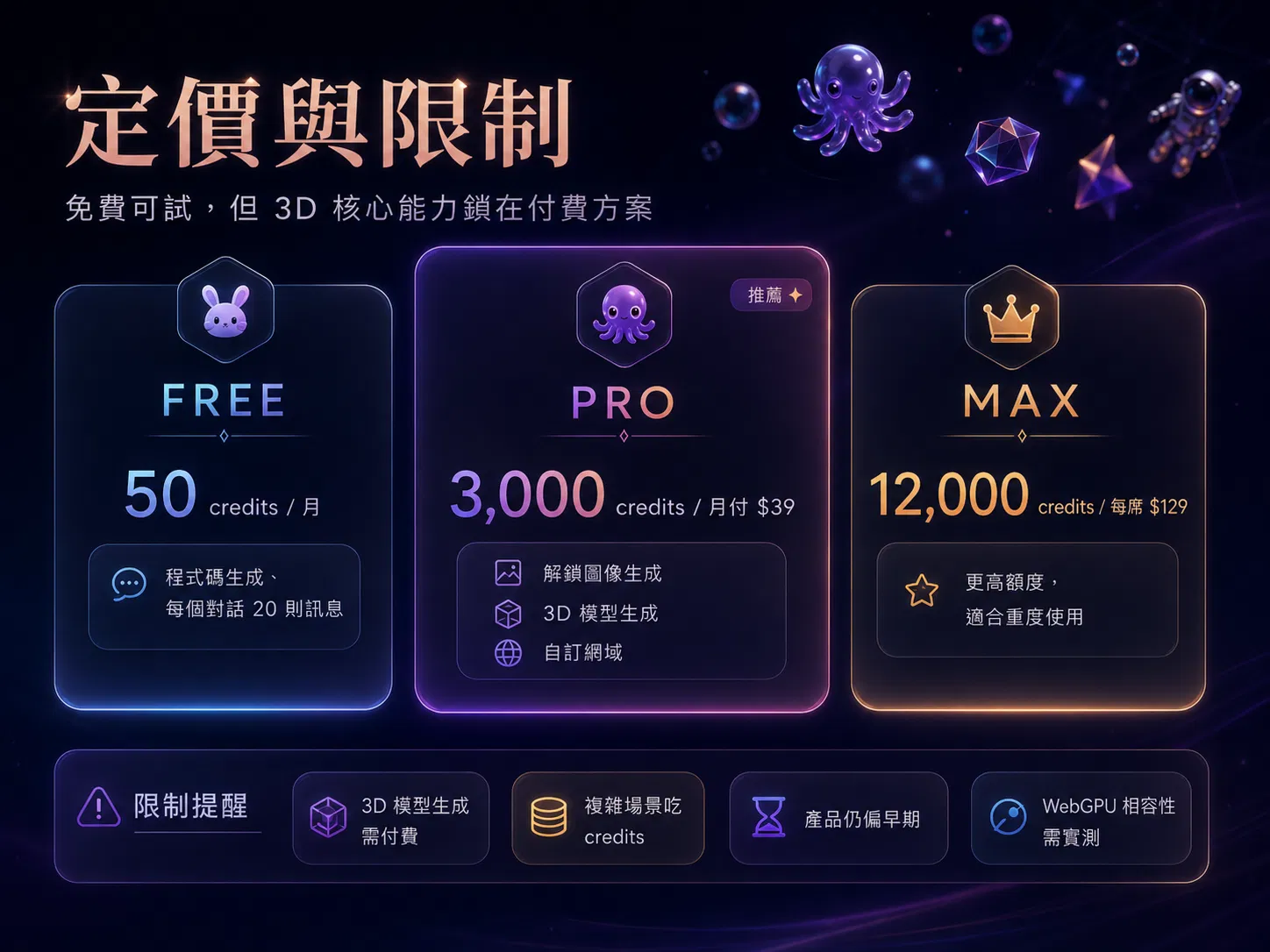 Omma 定價與限制總覽圖:FREE 每月 50 credits、PRO 3,000 credits 月付 39 美元、MAX 12,000 credits 每席 129 美元,下方列出 3D 生成需付費、複雜場景吃 credits、產品仍偏早期、WebGPU 相容性需實測四項限制提醒