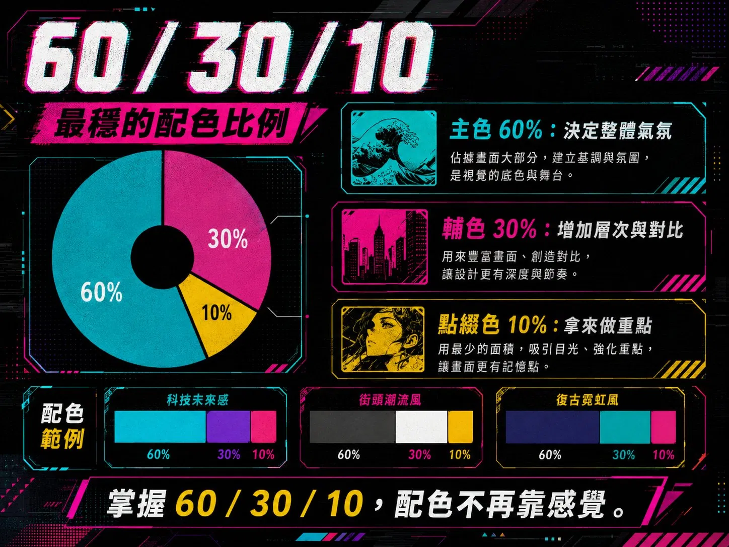 60/30/10 配色比例圖解:主色 60%、輔色 30%、點綴色 10%