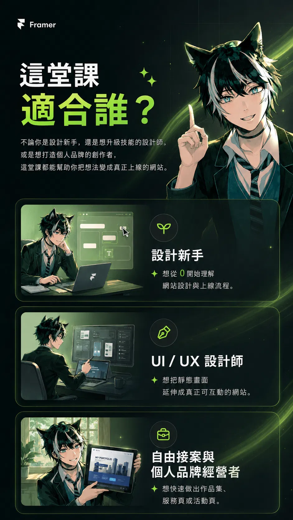Framer 課程適合學員:設計師、UI/UX 設計師、自媒體創作者、品牌經營者