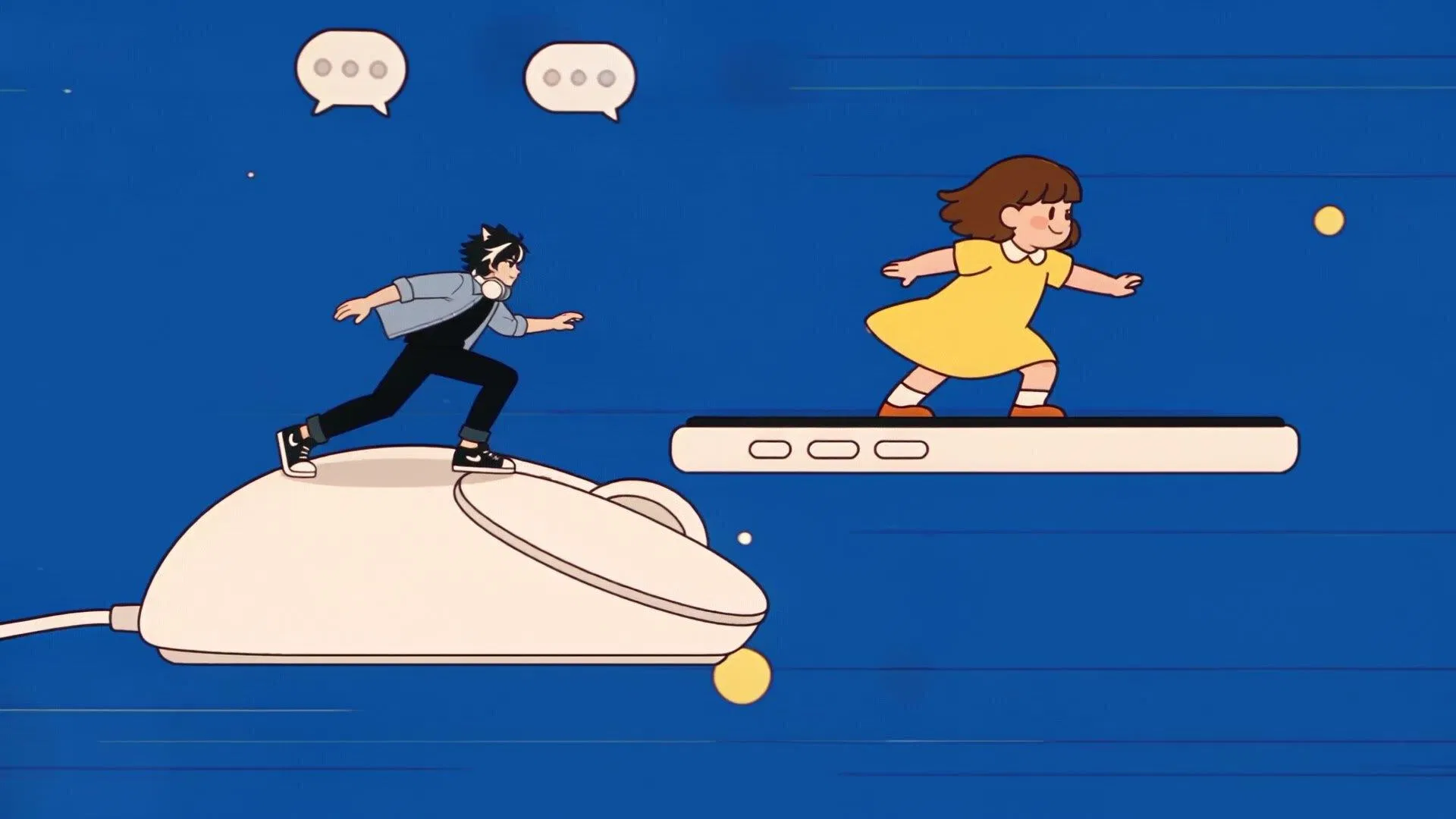 Seedance 2.5 生成的扁平插畫風 motion graphics：主角踩著巨大滑鼠、配角踩著手機在鈷藍色背景中並行競速