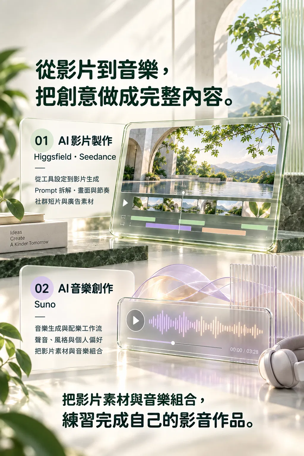 從影片到音樂，把創意做成完整內容。——01 AI 影片製作；Higgsfield・Seedance；從工具設定到影片生成；Prompt 拆解・畫面與節奏；社群短片與廣告素材；02 AI 音樂創作；Suno；音樂生成與配樂工作流；聲音、風格與個人偏好；把影片素材與音樂組合，練習完成自己的影音作品