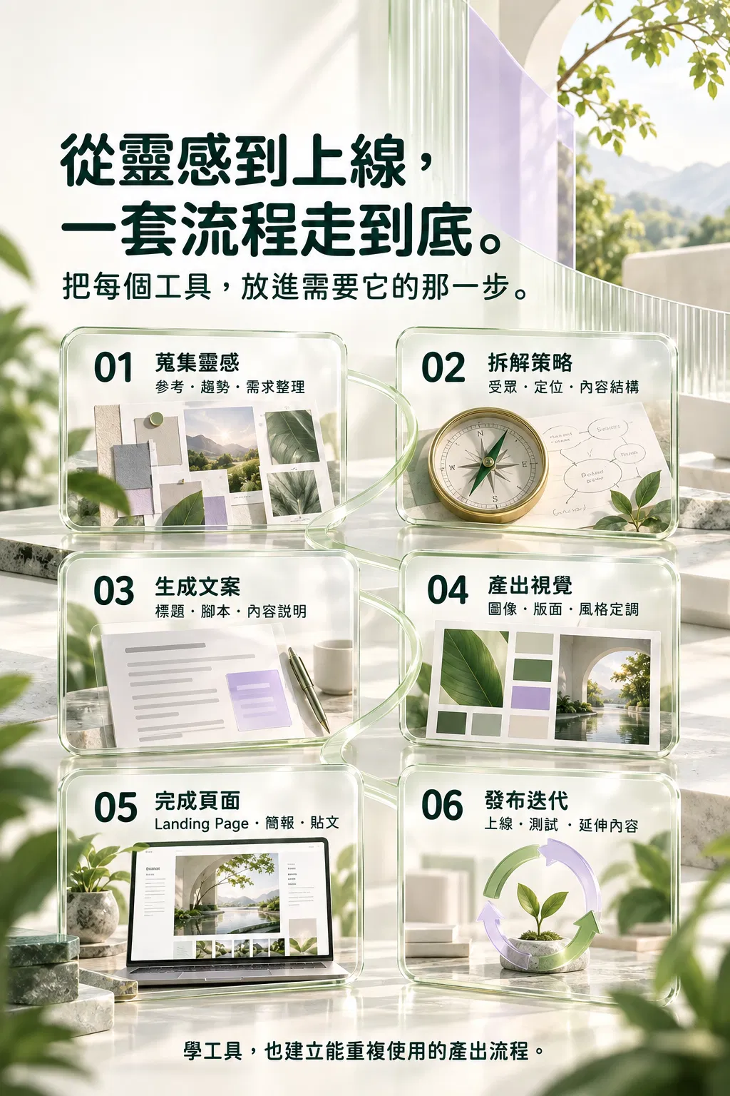從靈感到上線,一套流程走到底。——把每個工具,放進需要它的那一步;01 蒐集靈感;參考・趨勢・需求整理;02 拆解策略;受眾・定位・內容結構;03 生成文案;標題・腳本・內容說明;04 產出視覺;圖像・版面・風格定調;05 完成頁面;Landing Page・簡報・貼文;06 發布迭代;上線・測試・延伸內容;學工具,也建立能重複使用的產出流程