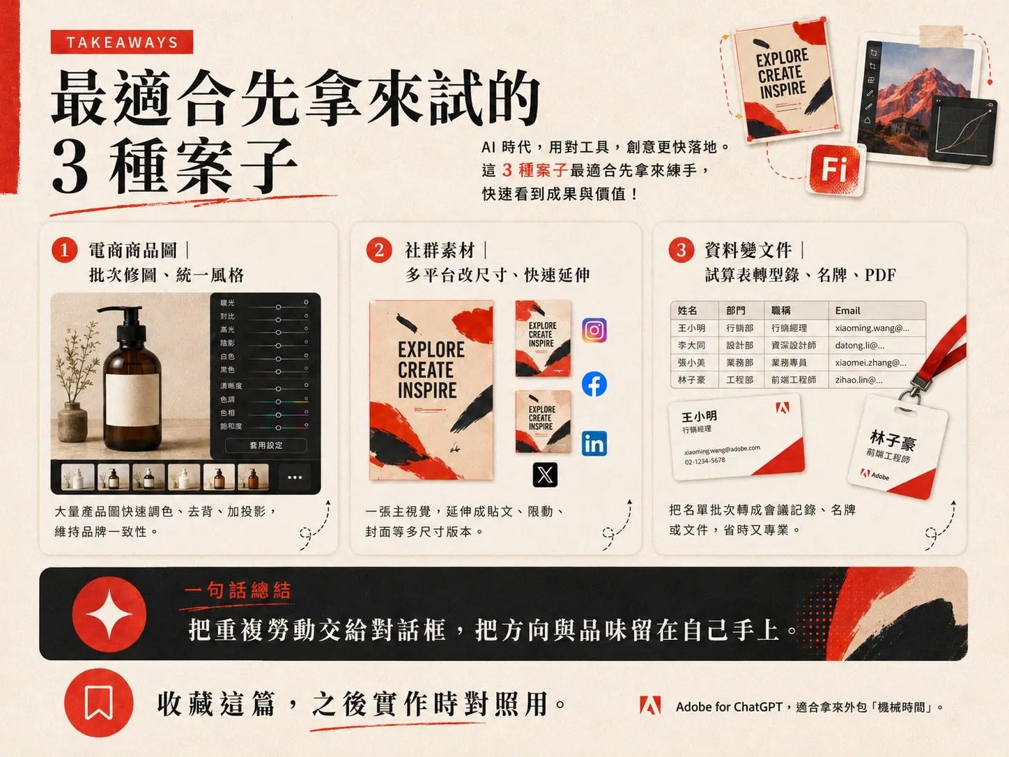 最適合先拿來試的 3 種案子資訊圖：電商商品圖批次修圖、社群素材多平台改尺寸、試算表轉型錄名牌 PDF