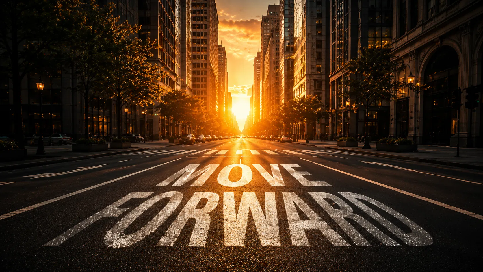 路面透視效果應用:城市街道柏油路面上的 MOVE FORWARD 文字,背景是夕陽下的高樓大道