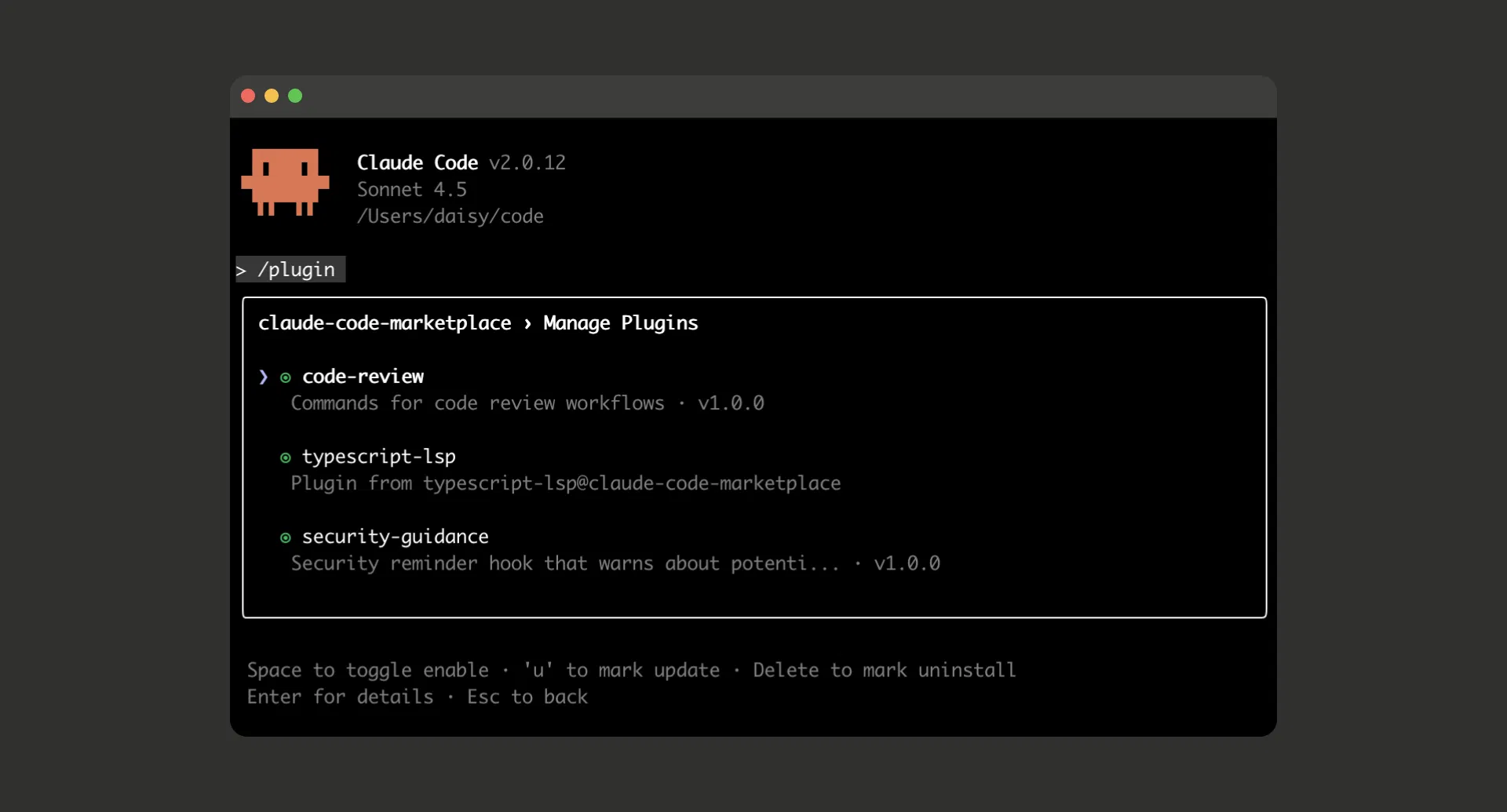 Claude Code v2.0.12 終端機介面,執行 /plugin 指令後顯示 Manage Plugins 頁面,列出 code-review、typescript-lsp、security-guidance 三個 plugin