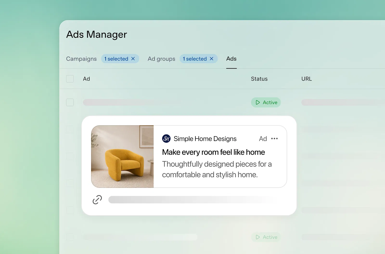 OpenAI Ads Manager 官方介面示意圖：活動、廣告群組、廣告三層分頁，浮出 Simple Home Designs 的黃色單椅廣告卡預覽