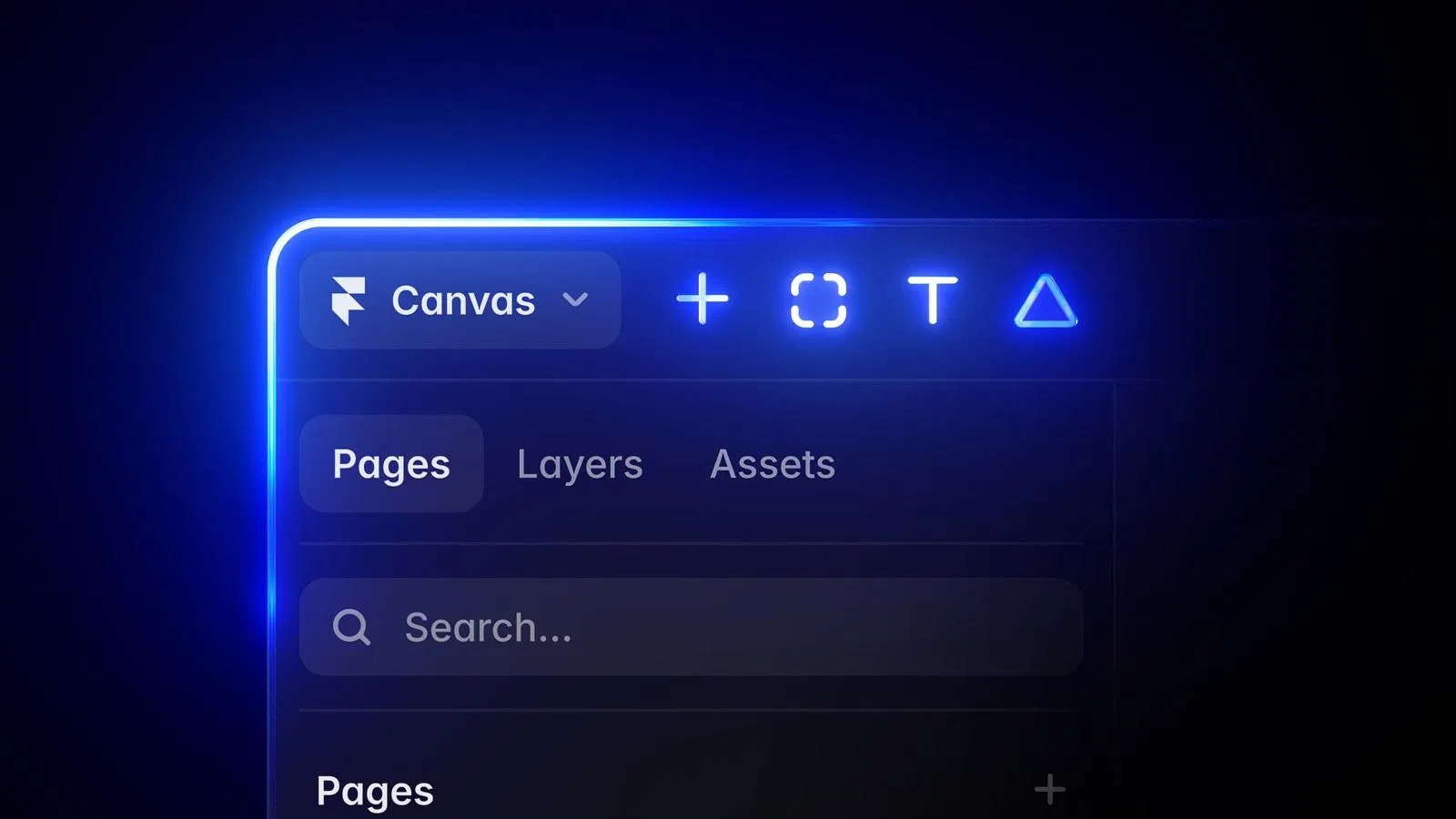 Framer 3.0 全新介面，深色畫布配上藍色發光邊框，Canvas 工具列與 Pages、Layers、Assets 分頁
