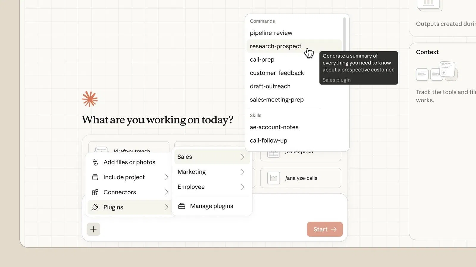 Claude Cowork 輸入框的加號選單展開 Plugins,顯示 Sales plugin 的斜線指令清單與功能說明