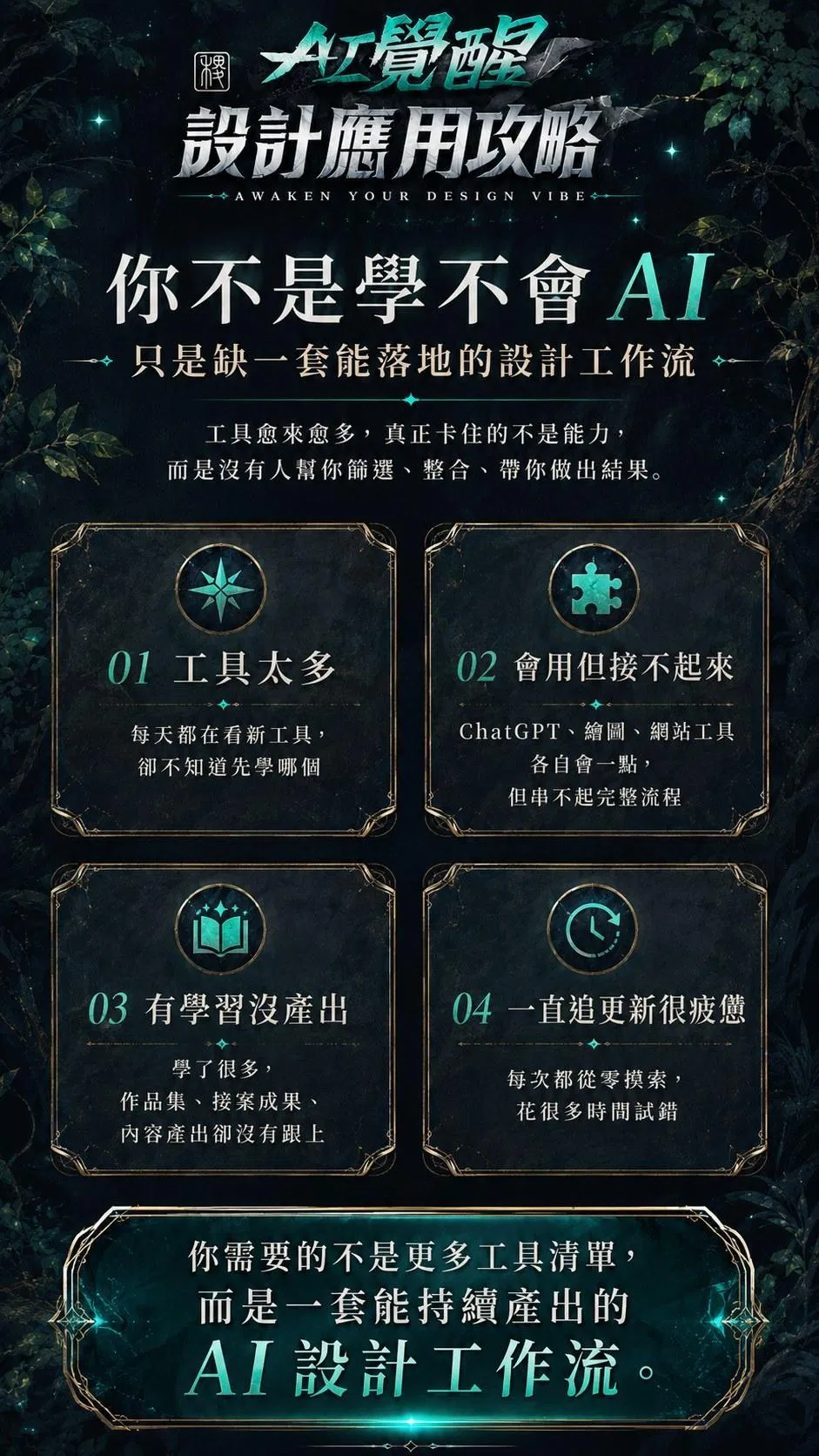你不是學不會 AI，只是缺一套能落地的設計工作流——工具太多、會用但接不起來、有學習沒產出、一直追更新很疲憊；你需要的是一套能持續產出的 AI 設計工作流
