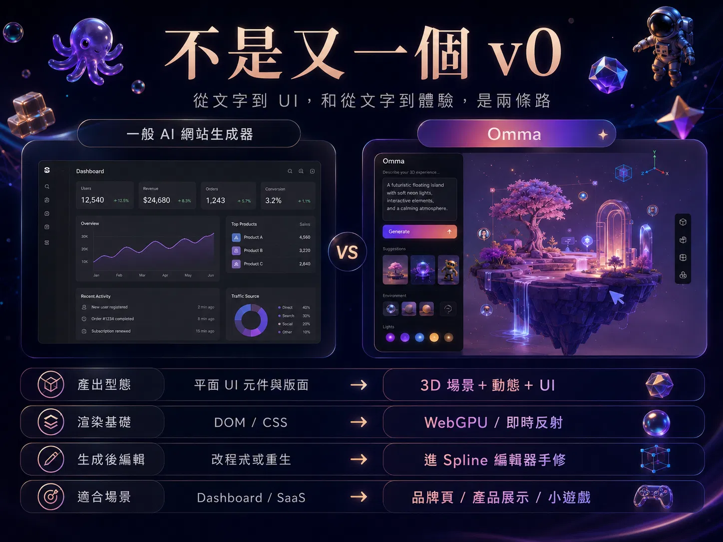 一般 AI 網站生成器與 Omma 的對照圖:產出型態、渲染基礎、生成後編輯、適合場景四個面向的差異,左邊是平面 dashboard,右邊是 3D 互動場景