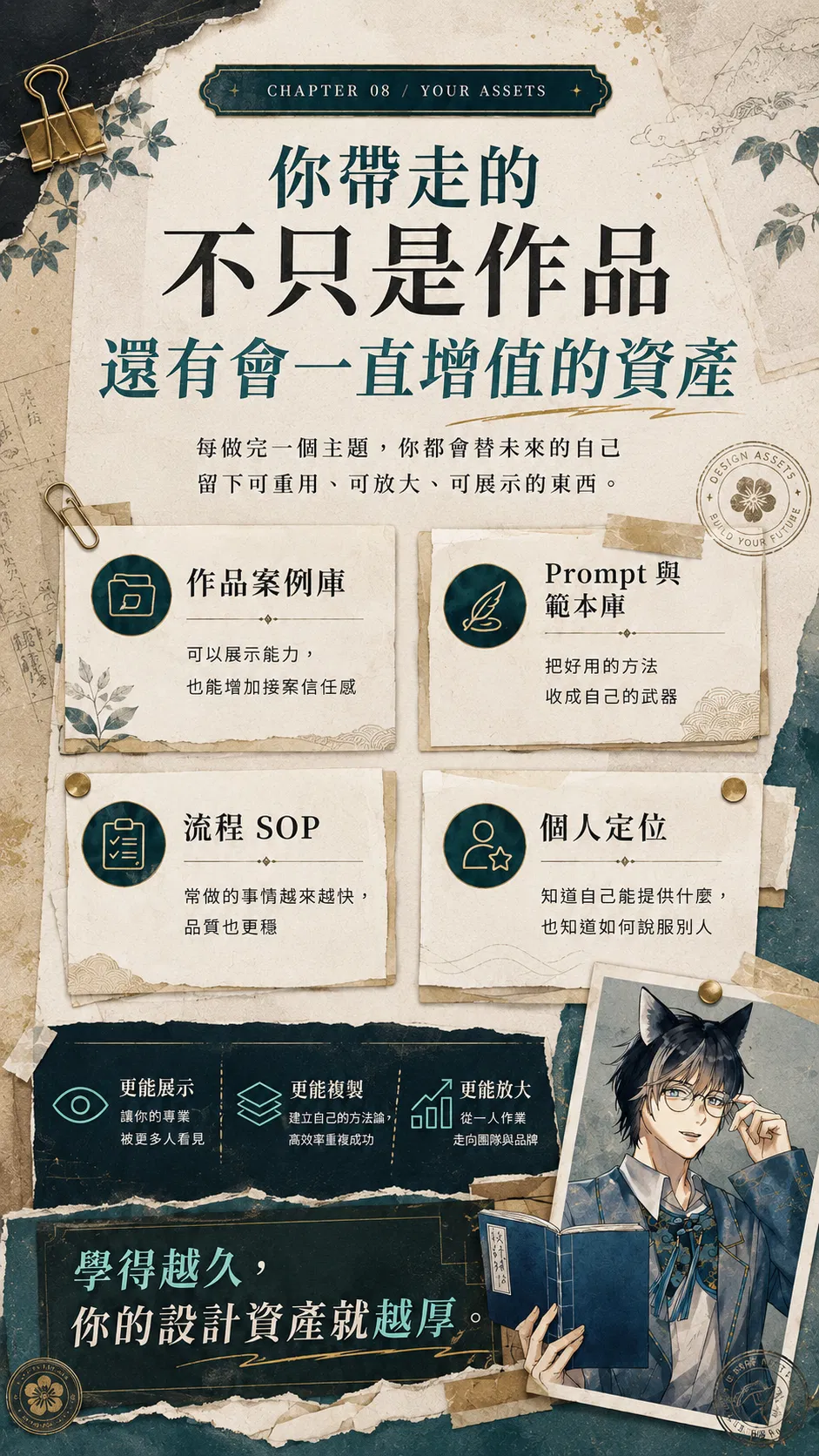 你帶走的不只是作品,還有會一直增值的資產——每做完一個主題,你都會替未來的自己留下可重用、可放大、可展示的東西:作品案例庫(可以展示能力,也能增加接案信任感)、Prompt 與範本庫(把好用的方法收成自己的武器)、流程 SOP(常做的事情越來越快,品質也更穩)、個人定位(知道自己能提供什麼,也知道如何說服別人);更能展示(讓你的專業被更多人看見)、更能複製(建立自己的方法論,高效率重複成功)、更能放大(從一人作業走向團隊與品牌);學得越久,你的設計資產就越厚