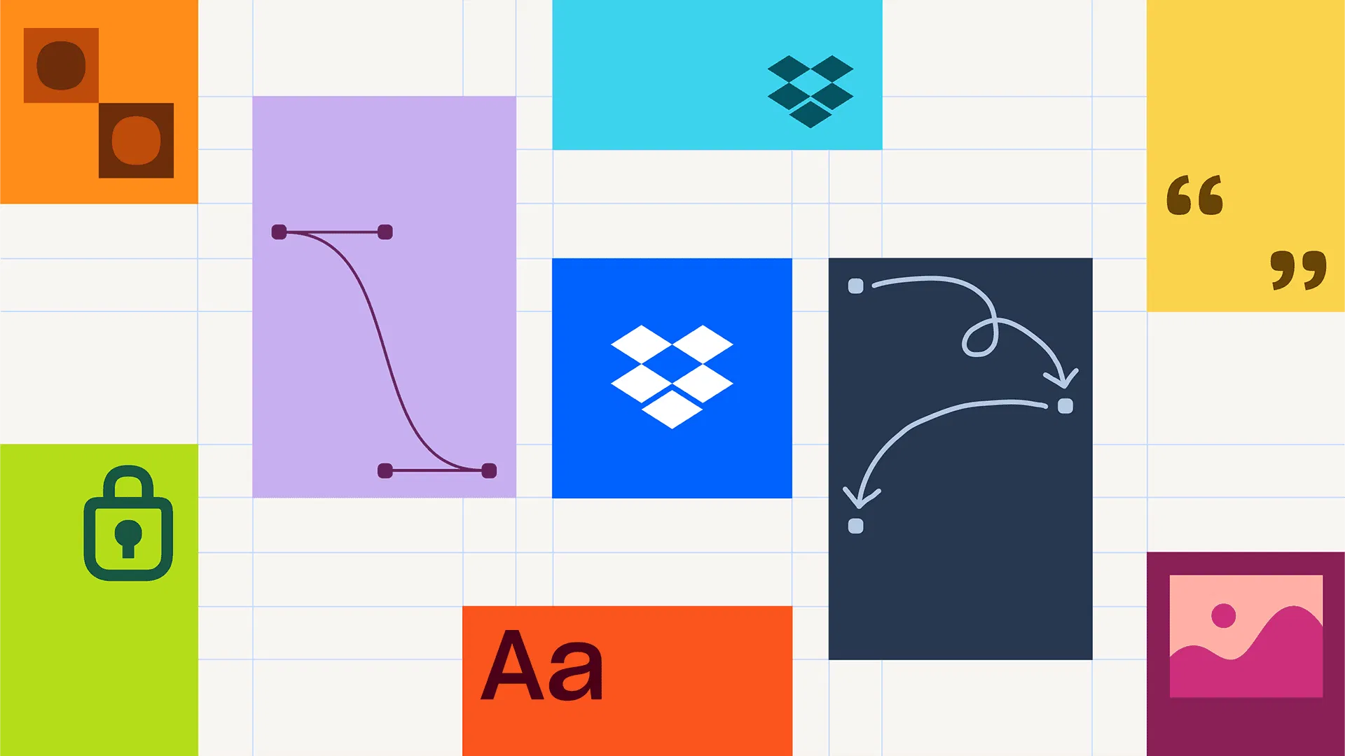 Dropbox 品牌指南網站的色塊拼貼，包含品牌標誌、緩動曲線示意、字體樣式與引號等品牌元素