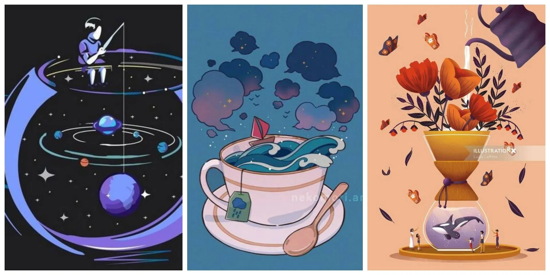 咖啡杯結合太空等主題的插畫範例