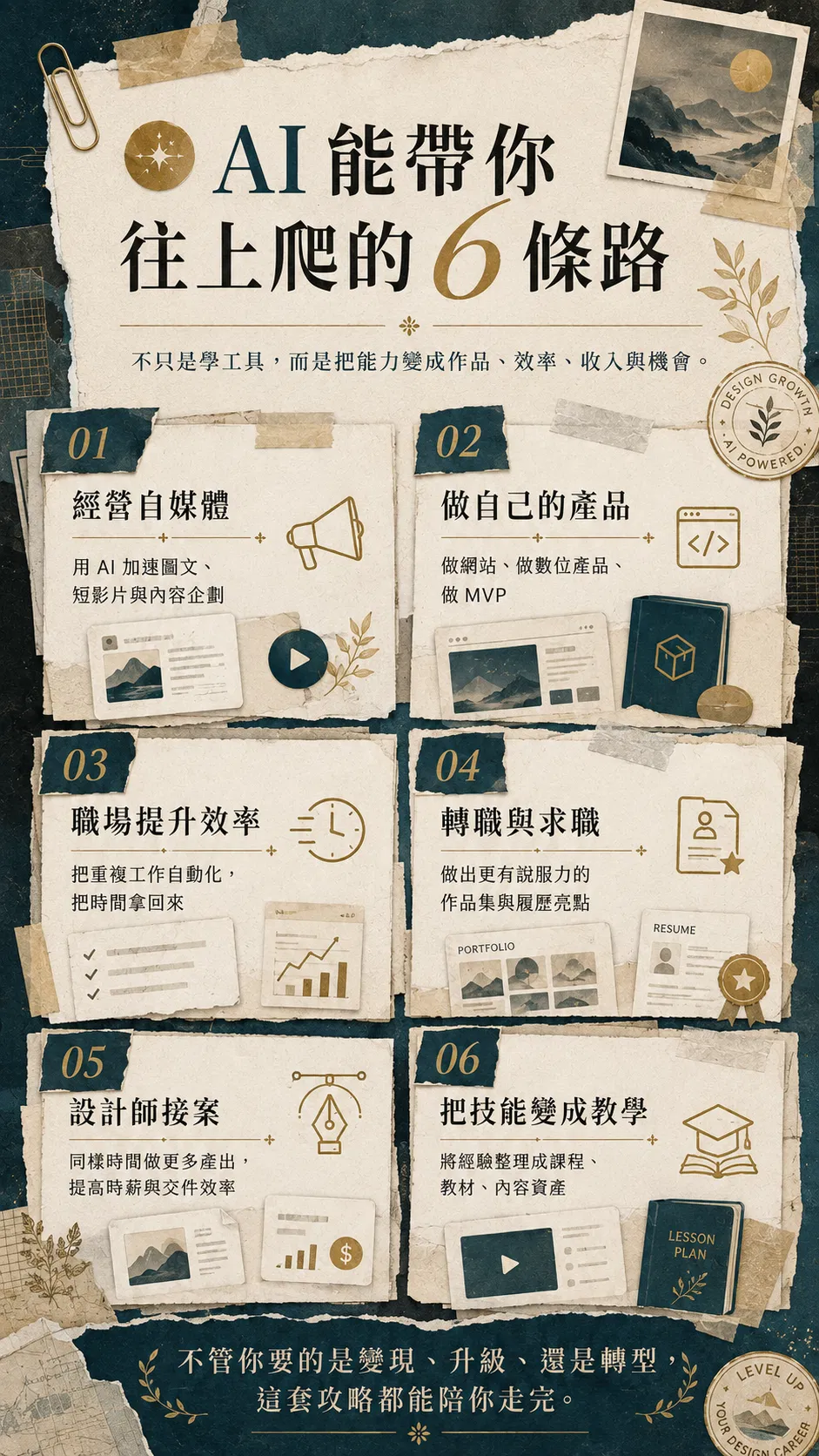 AI 能帶你往上爬的 6 條路——不只是學工具,而是把能力變成作品、效率、收入與機會:01 經營自媒體(用 AI 加速圖文、短影片與內容企劃)、02 做自己的產品(做網站、做數位產品、做 MVP)、03 職場提升效率(把重複工作自動化,把時間拿回來)、04 轉職與求職(做出更有說服力的作品集與履歷亮點)、05 設計師接案(同樣時間做更多產出,提高時薪與交件效率)、06 把技能變成教學(將經驗整理成課程、教材、內容資產);不管你要的是變現、升級、還是轉型,這套攻略都能陪你走完