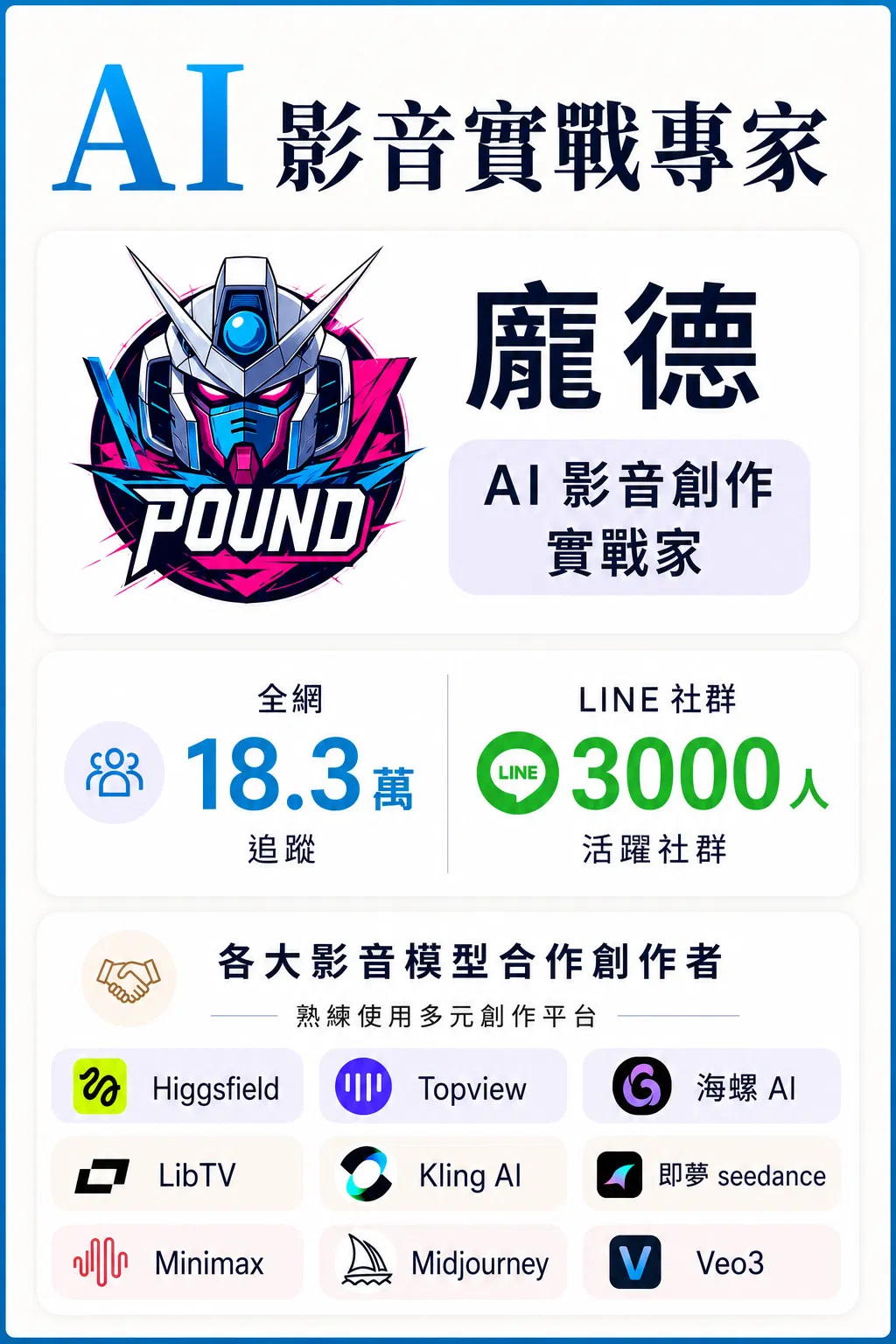 AI 影音實戰專家 Kling AI, 即夢seedance, 海螺 AI, LibTV, Higgsfield, Topview, Minimax, Midjourney, Veo3 合作夥伴