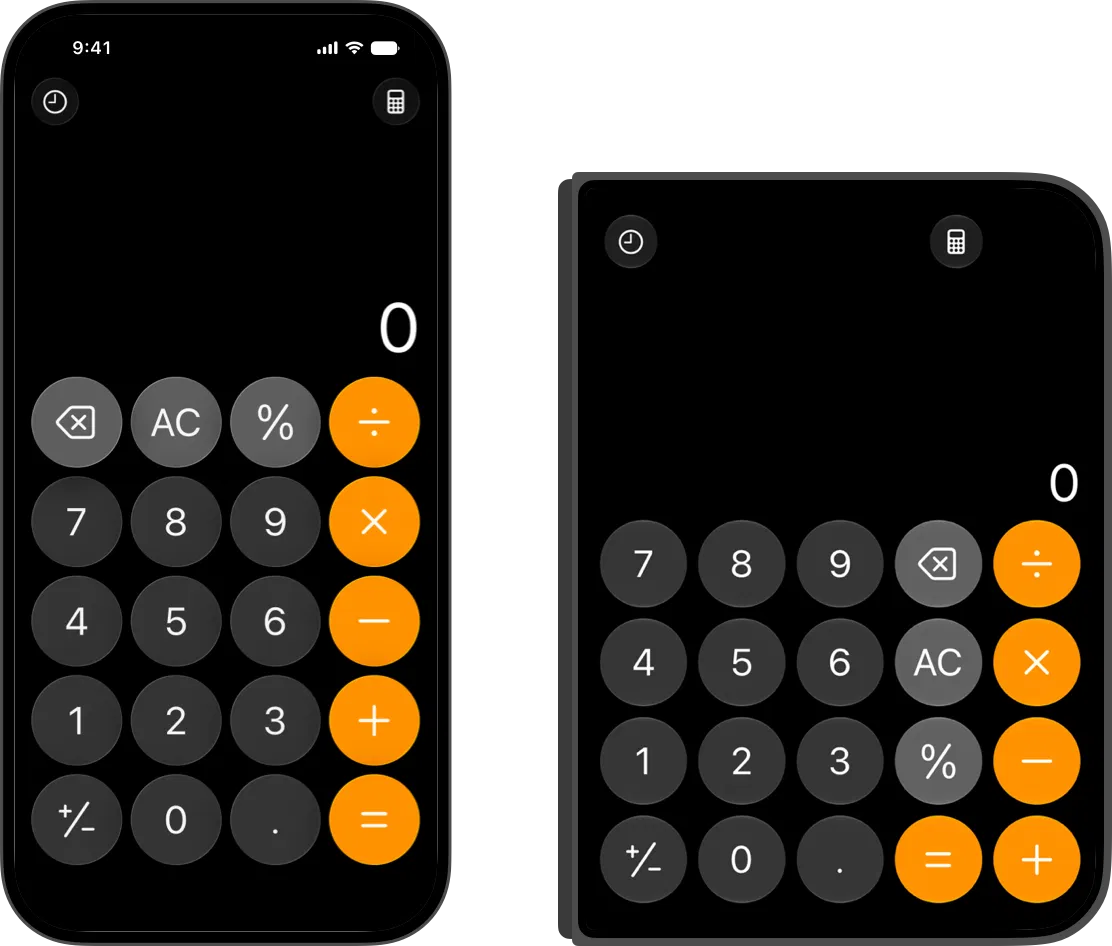 計算機在 iPhone 16 與 iPhone Duo 外螢幕上的畫面對照，滿版撐滿整個寬度