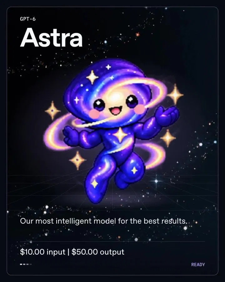 GPT-6 Astra 像素角色卡：身上繞著星環的銀河小人，卡片文字 Our most intelligent model for the best results，價格 $10.00 input、$50.00 output