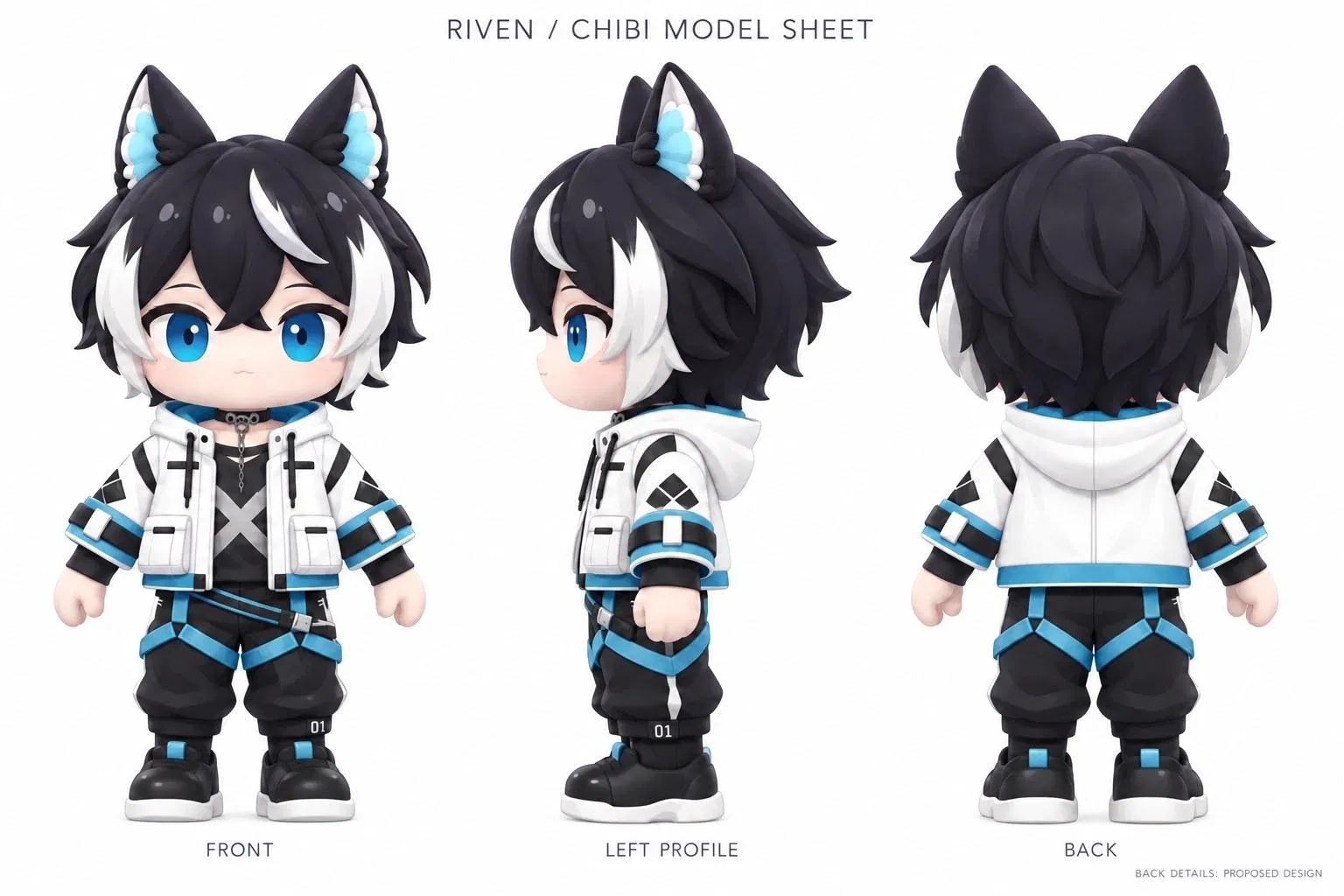 Riven 的 Q 版角色三視圖：黑白髮束、狼耳、藍眼睛、白色外套，含正面、左側與背面
