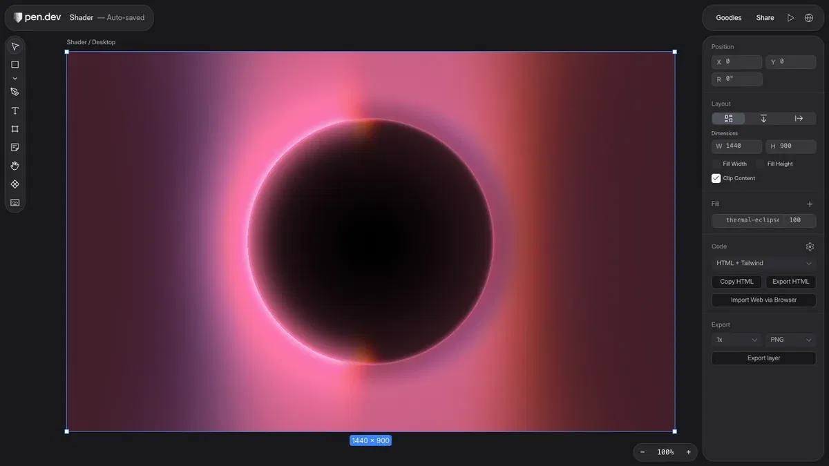 pen.dev 官方示意圖：1440 × 900 畫框套用 thermal-eclipse 效果，右側為屬性面板